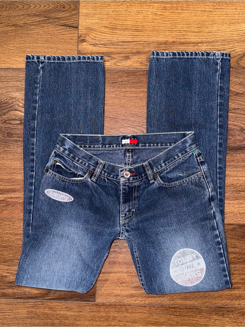 Vintage Y2K Tommy Hilfiger Tommy Girl Patched Jeans Medium Wash Straight Leg